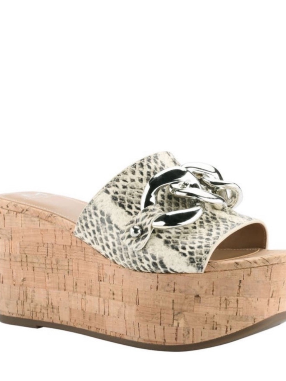 Marc Fisher Womens Snake-Print Cork Platform Slide with Silver Chain “Vaneda”